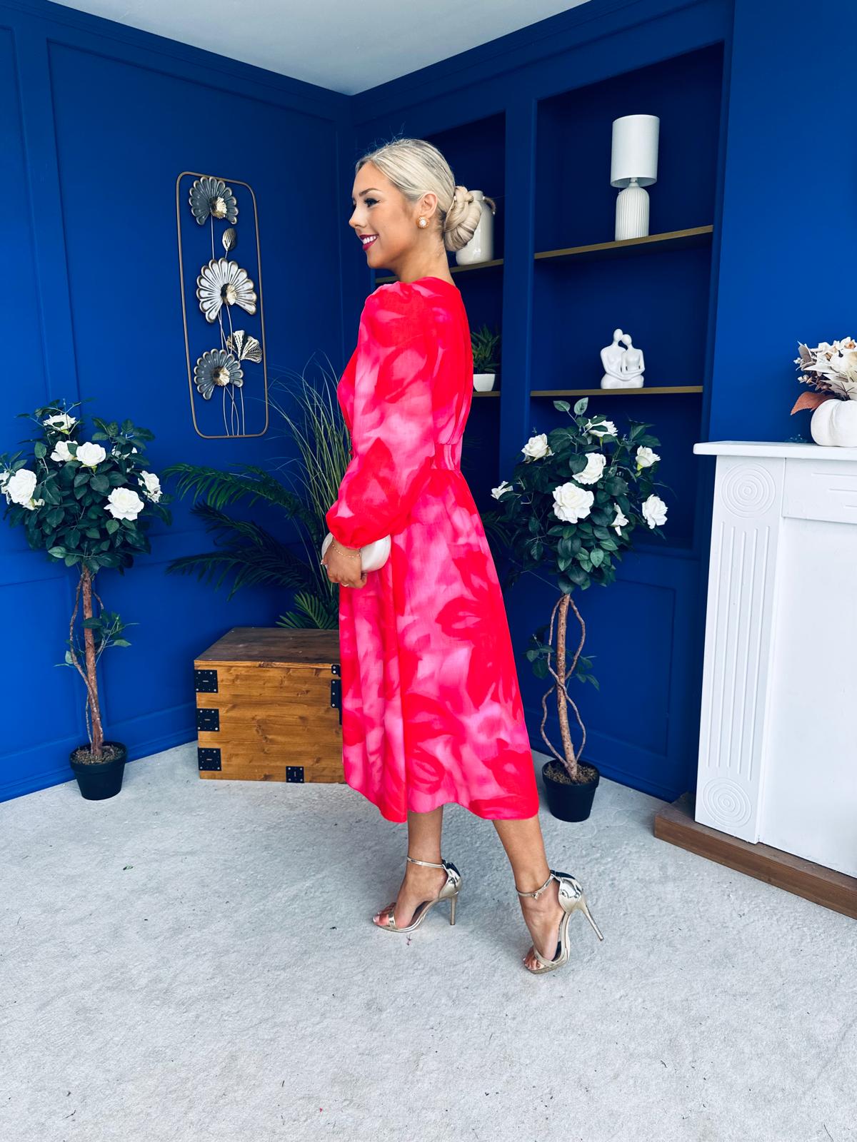 Orlaith Banded Midi Dress Floral Hot Pink