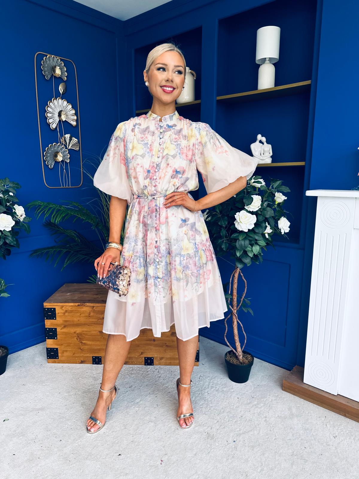Philipa Puff Sleeve Mini Shirt Dress Floral Pastel