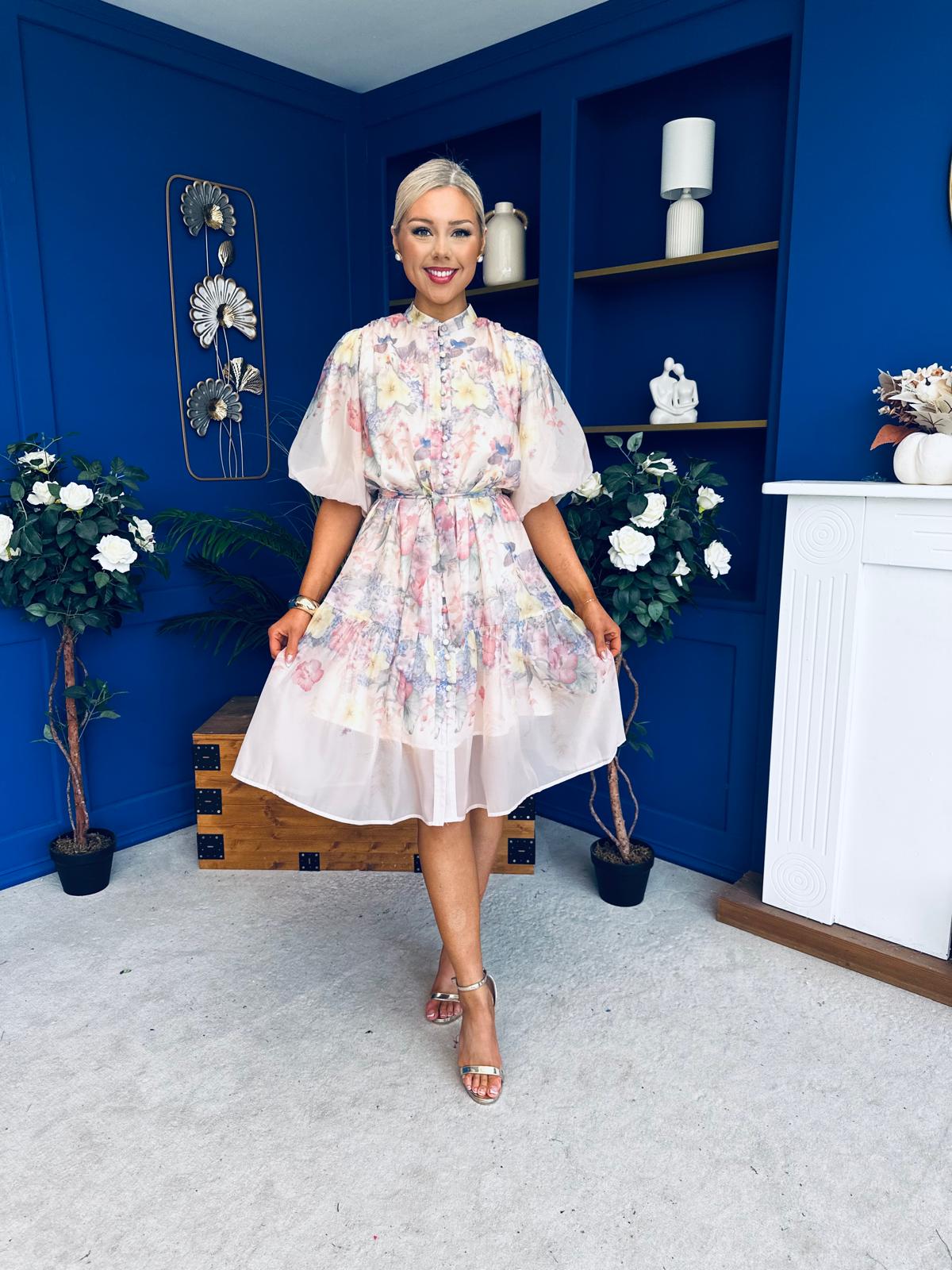Philipa Puff Sleeve Mini Shirt Dress Floral Pastel