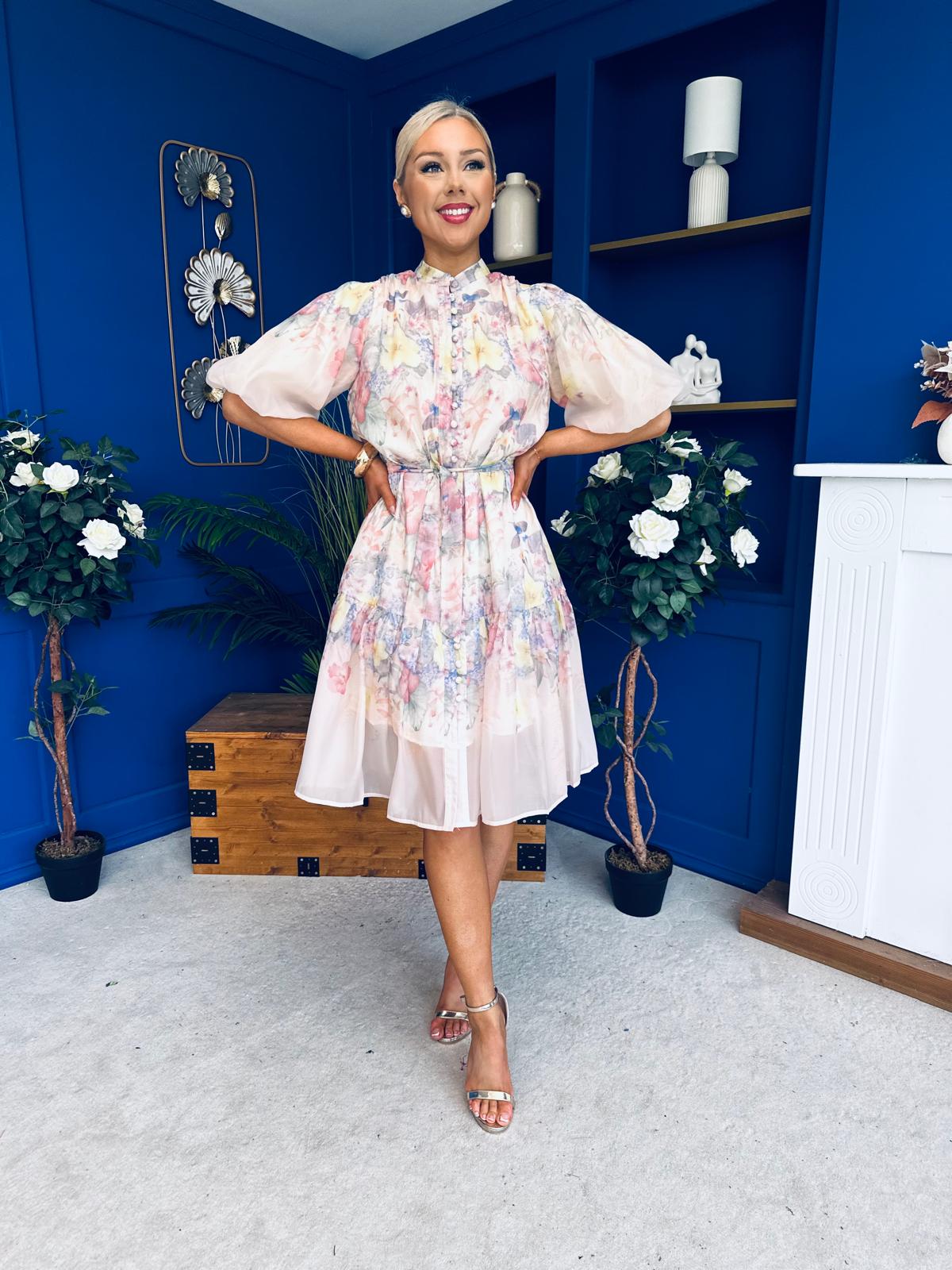 Philipa Puff Sleeve Mini Shirt Dress Floral Pastel
