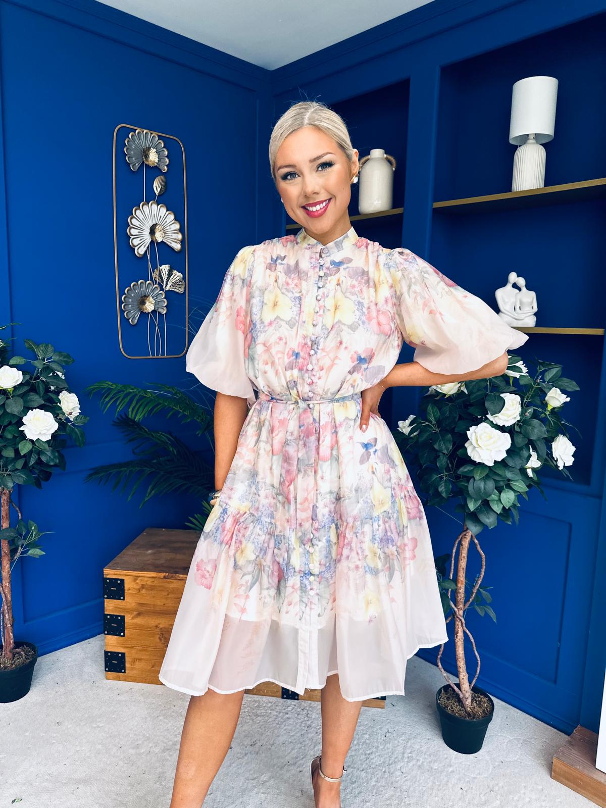 Philipa Puff Sleeve Mini Shirt Dress Floral Pastel