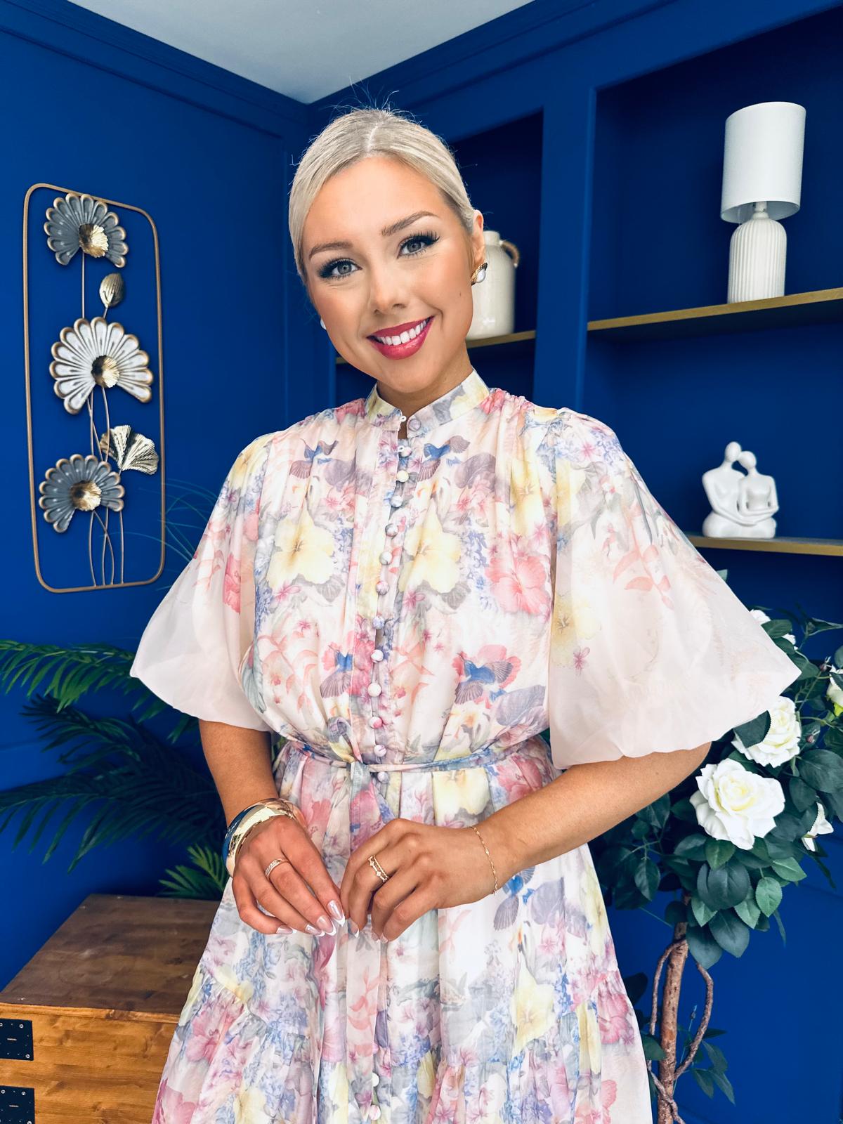 Philipa Puff Sleeve Mini Shirt Dress Floral Pastel