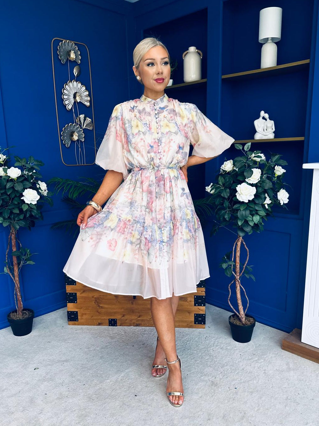 Philipa Puff Sleeve Mini Shirt Dress Floral Pastel