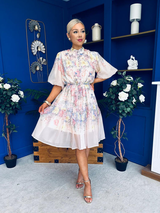 Phillipa Puff Sleeve Mini Shirt Dress Floral Pastel