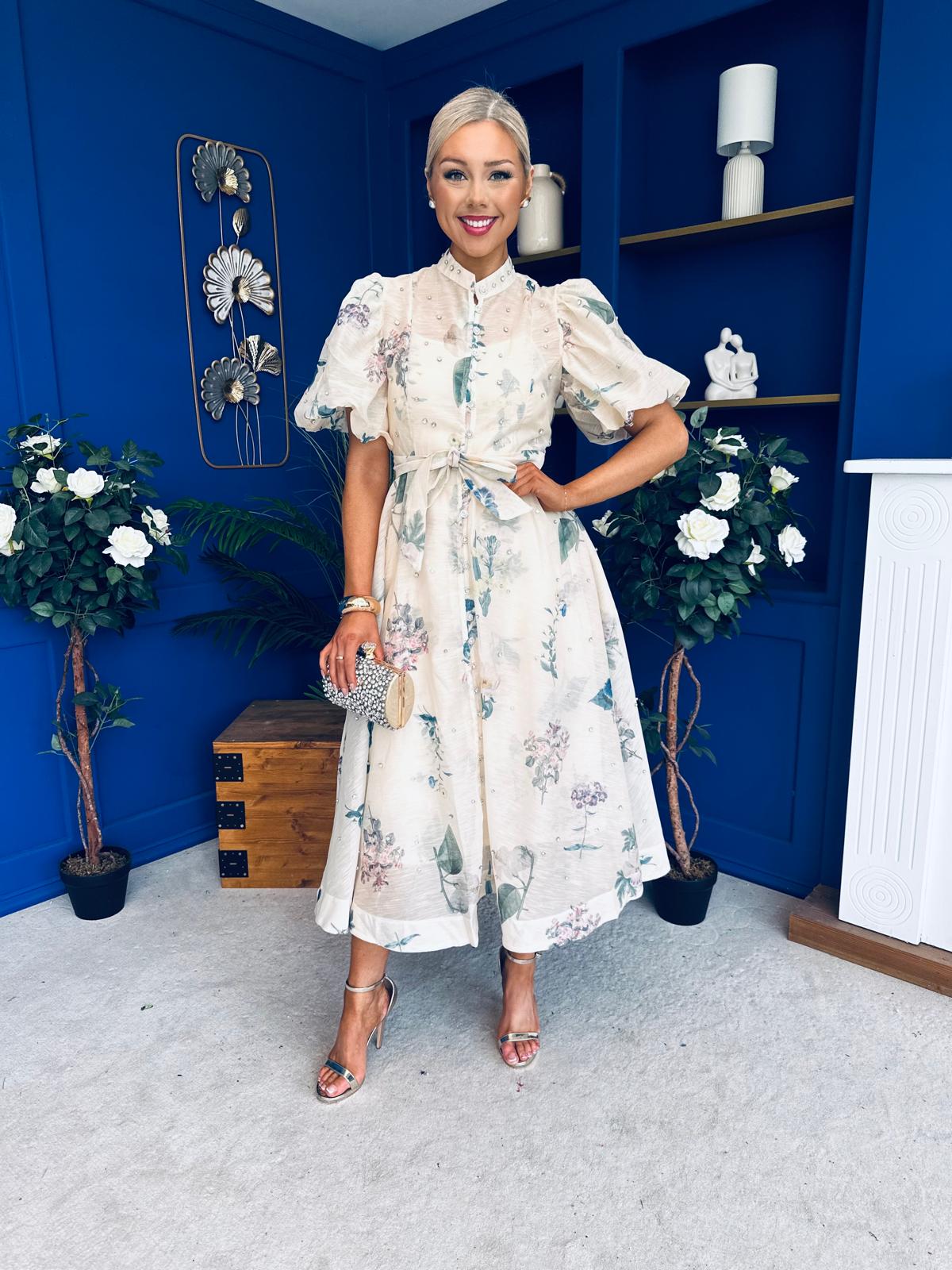 Dorothy Embellished Midi Shirt Dress Floral Cream
