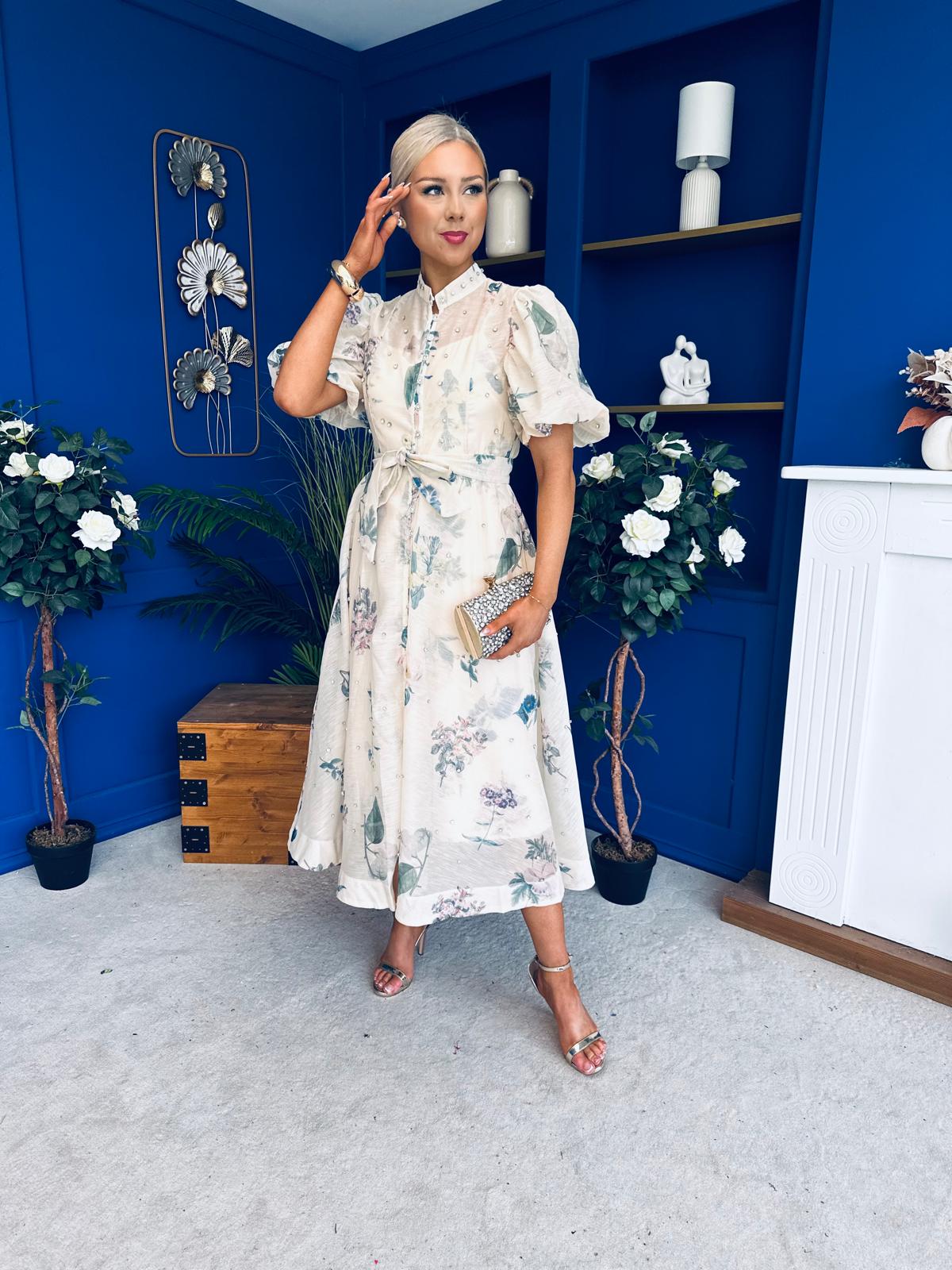 Dorothy Embellished Midi Shirt Dress Floral Cream
