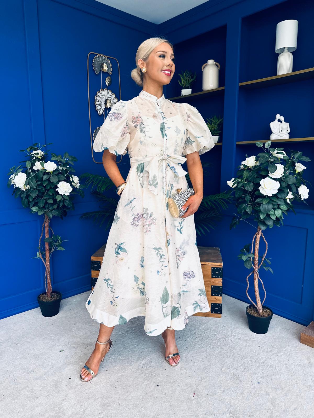 Dorothy Embellished Midi Shirt Dress Floral Cream