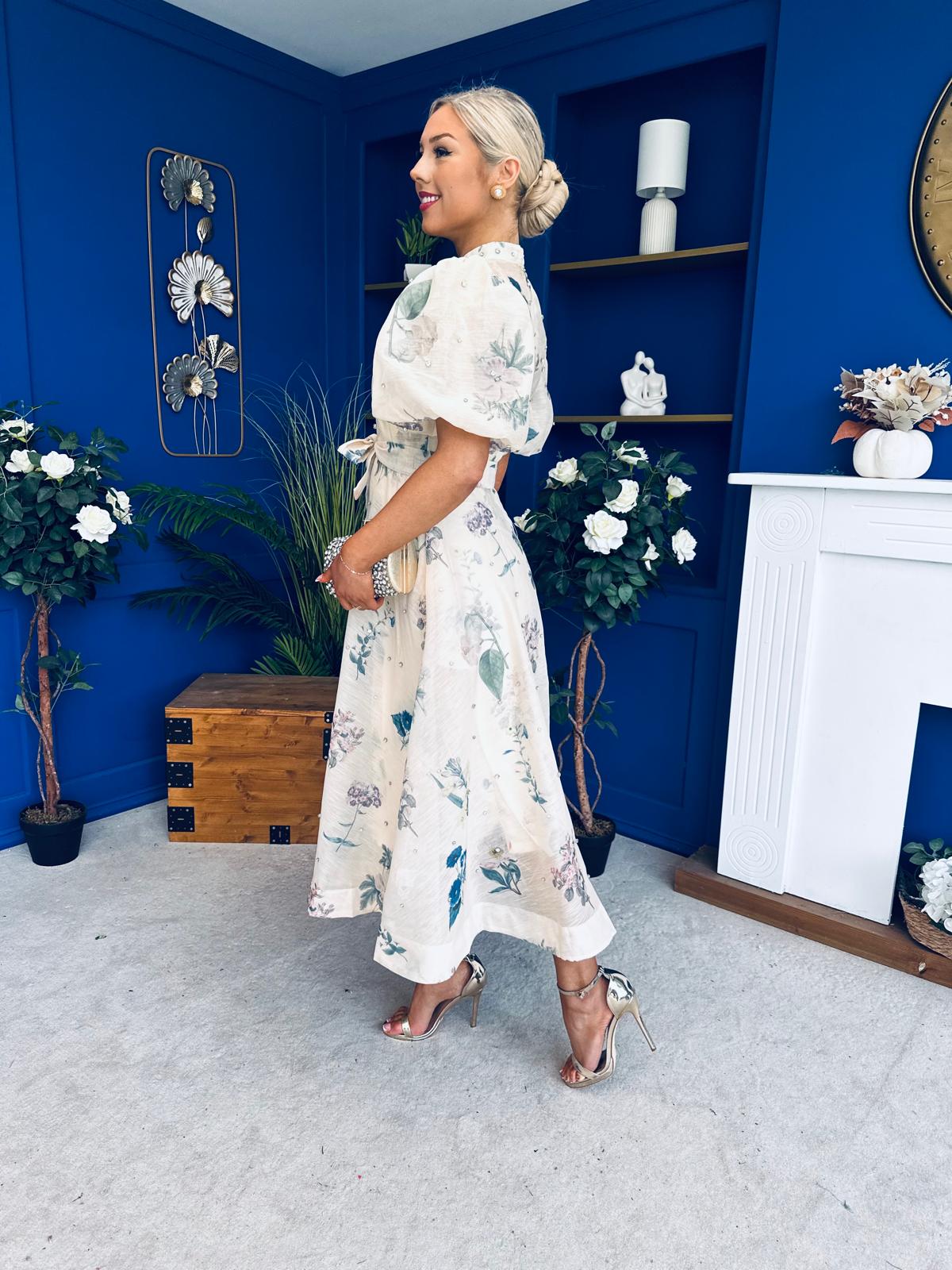 Dorothy Embellished Midi Shirt Dress Floral Cream