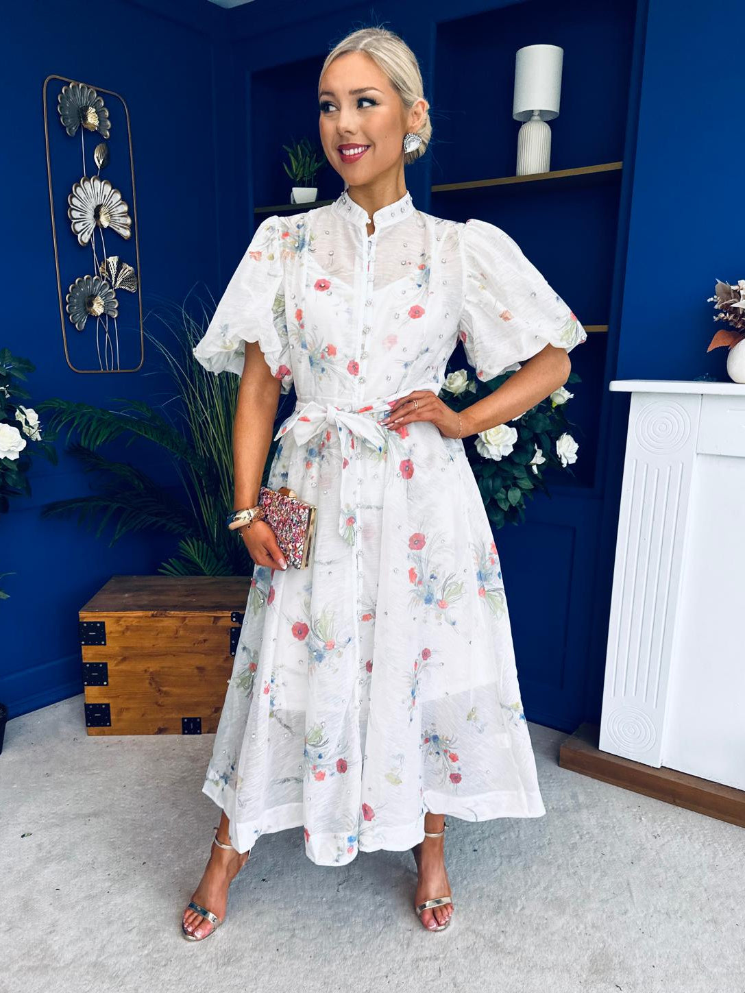 Jessy Puff Sleeve Midi Shirt Dress Floral White