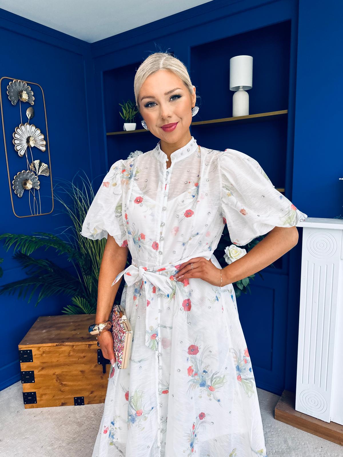 Jessy Puff Sleeve Midi Shirt Dress Floral White