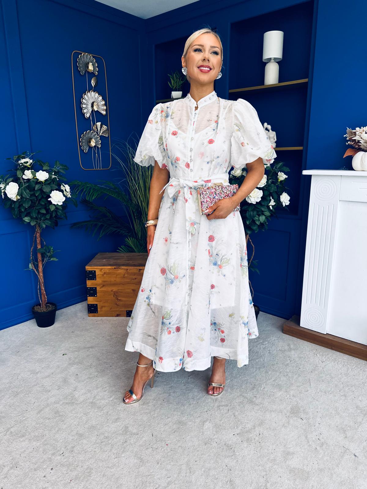Jessy Puff Sleeve Midi Shirt Dress Floral White