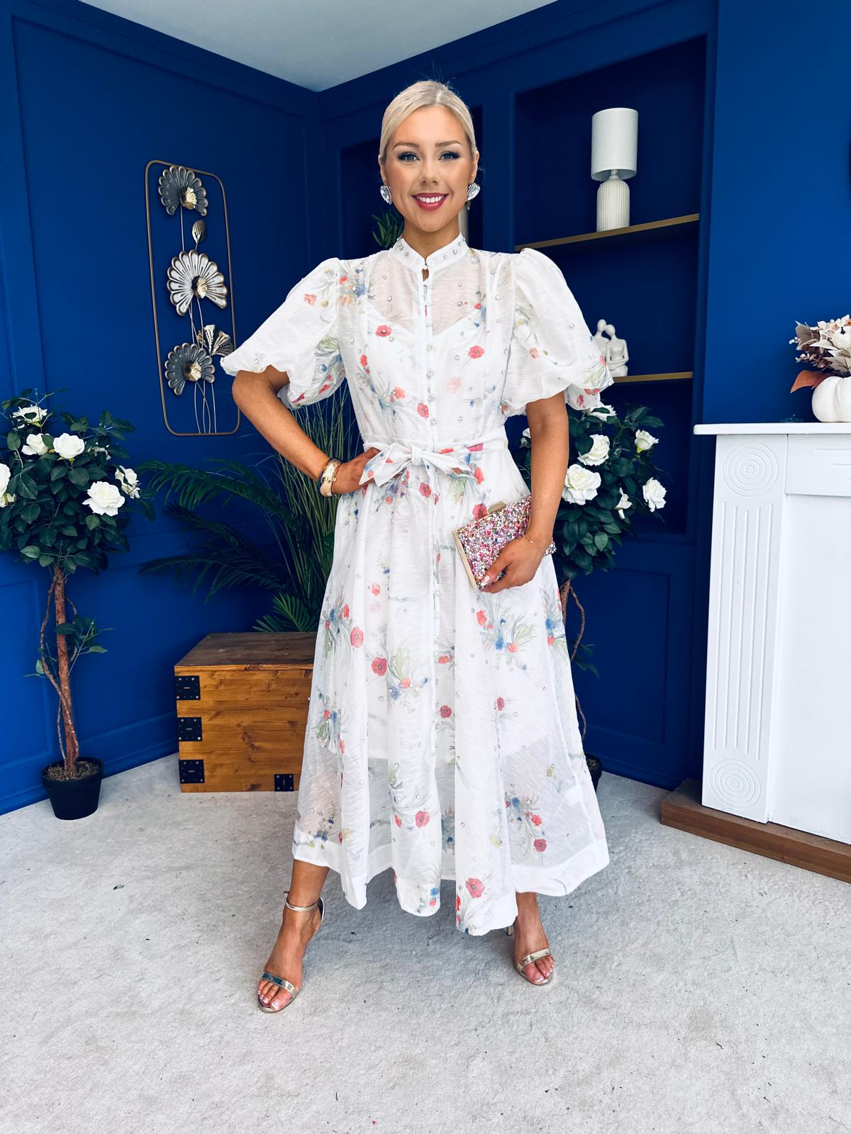 Jessy Puff Sleeve Midi Shirt Dress Floral White