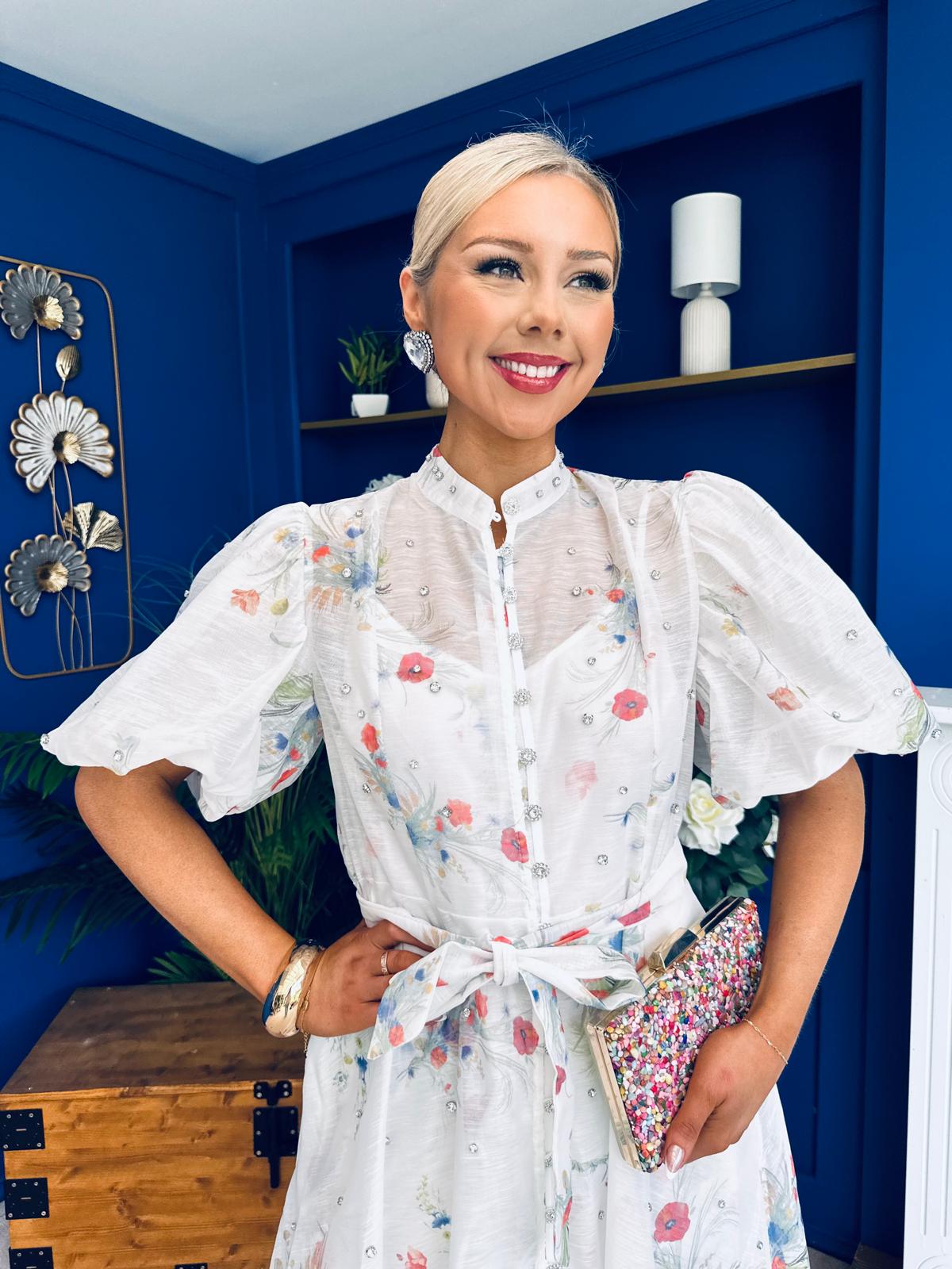 Jessy Puff Sleeve Midi Shirt Dress Floral White
