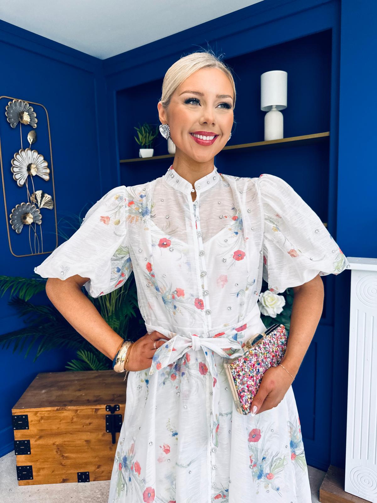 Jessy Puff Sleeve Midi Shirt Dress Floral White