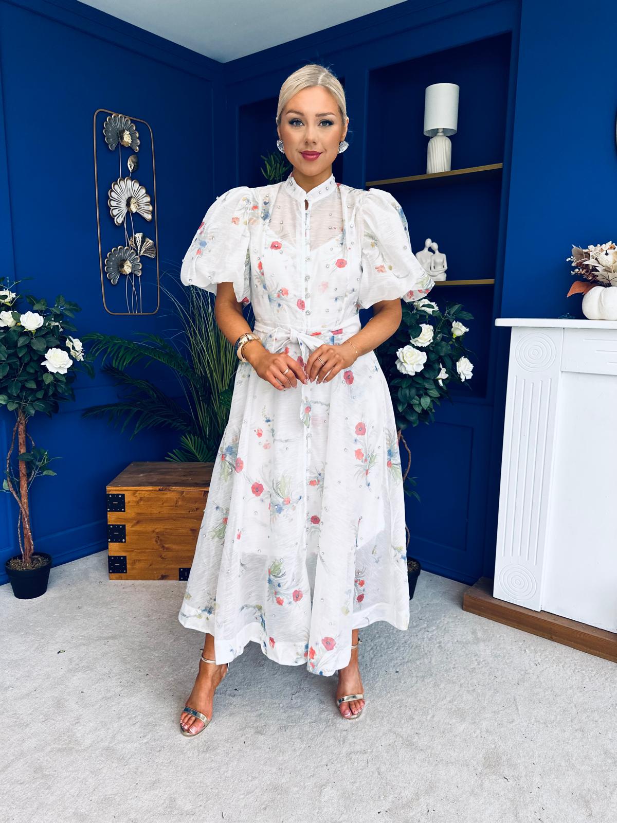 Jessy Puff Sleeve Midi Shirt Dress Floral White