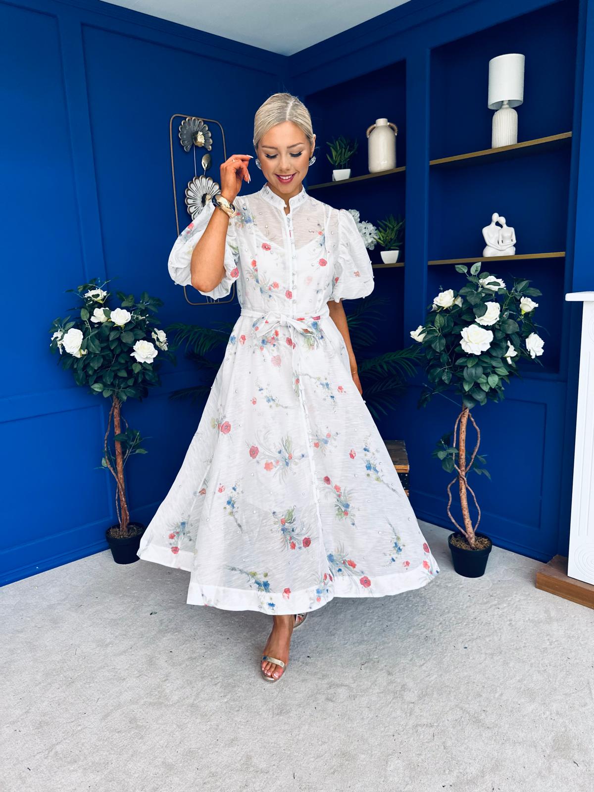 Jessy Puff Sleeve Midi Shirt Dress Floral White