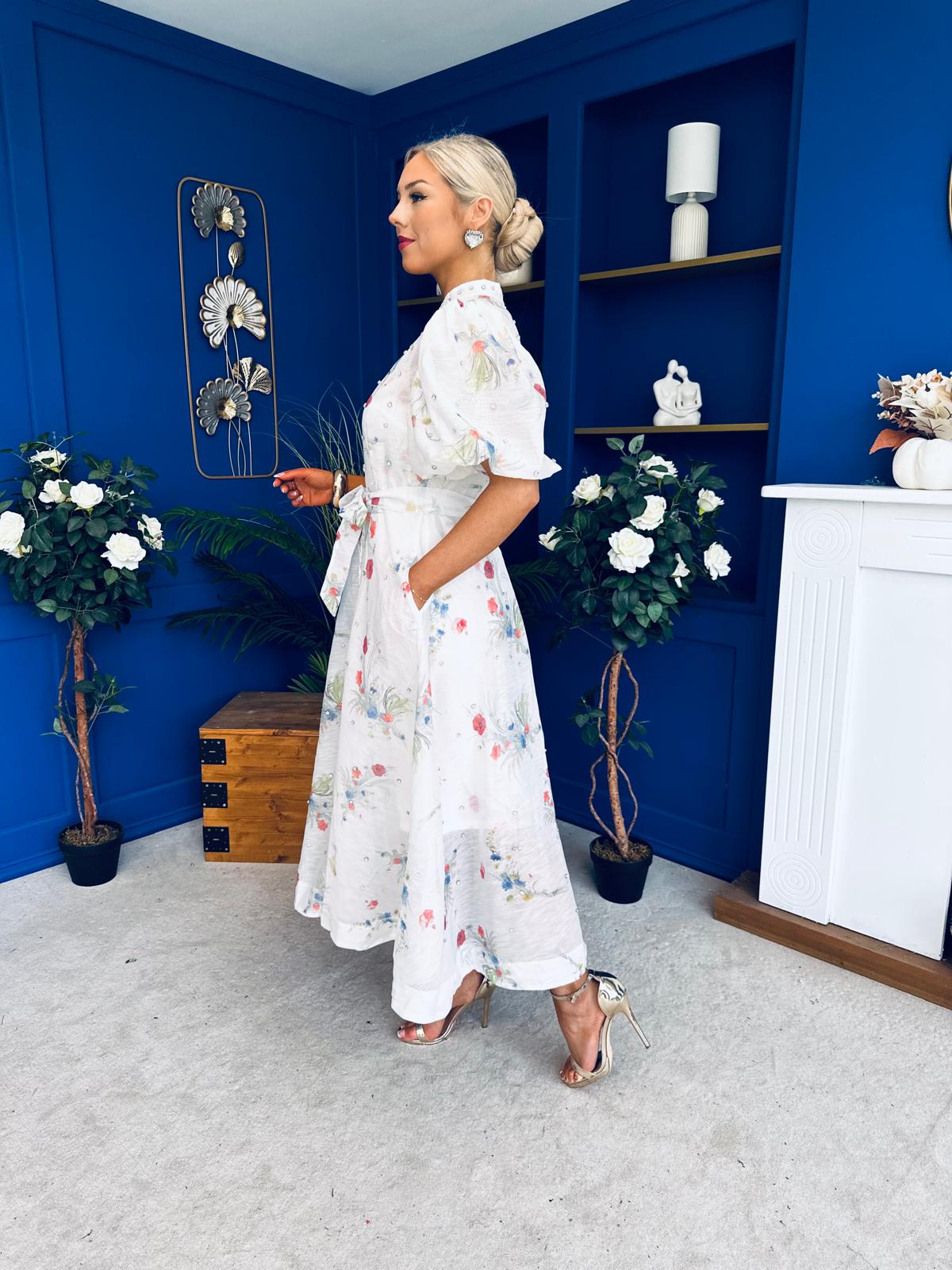 Jessy Puff Sleeve Midi Shirt Dress Floral White