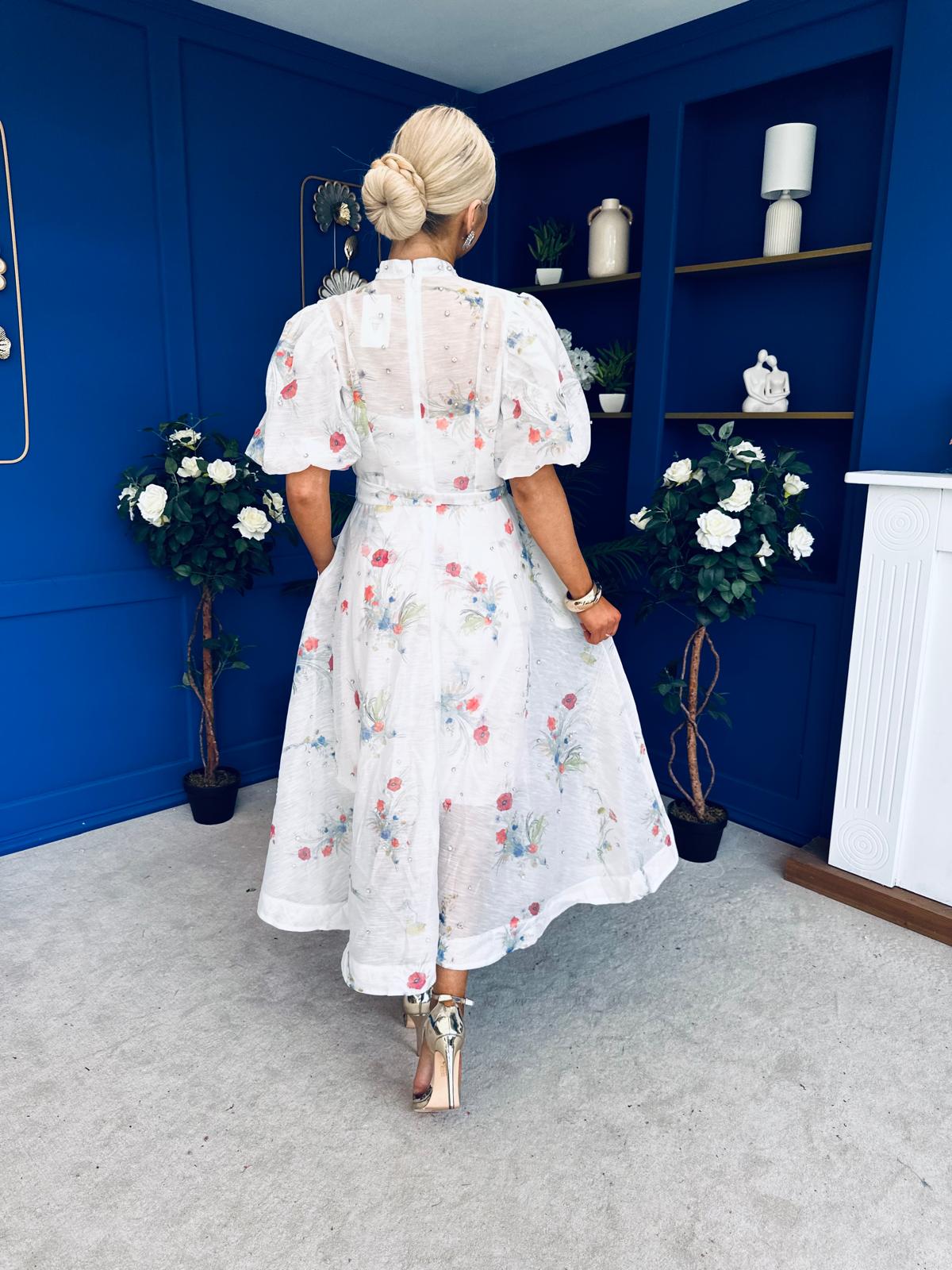 Jessy Puff Sleeve Midi Shirt Dress Floral White