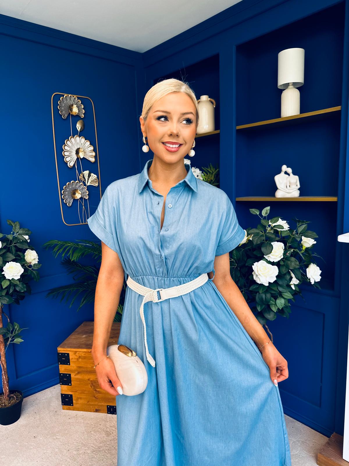 strapless denim dress outfit Medium Wash Strapless Denim Maxi Dress main image 1