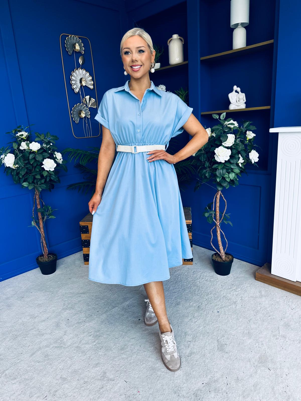 Nina Belted Midi Dress Light Blue