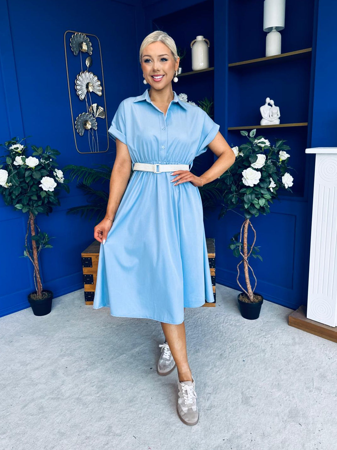 Nina Belted Midi Dress Light Blue