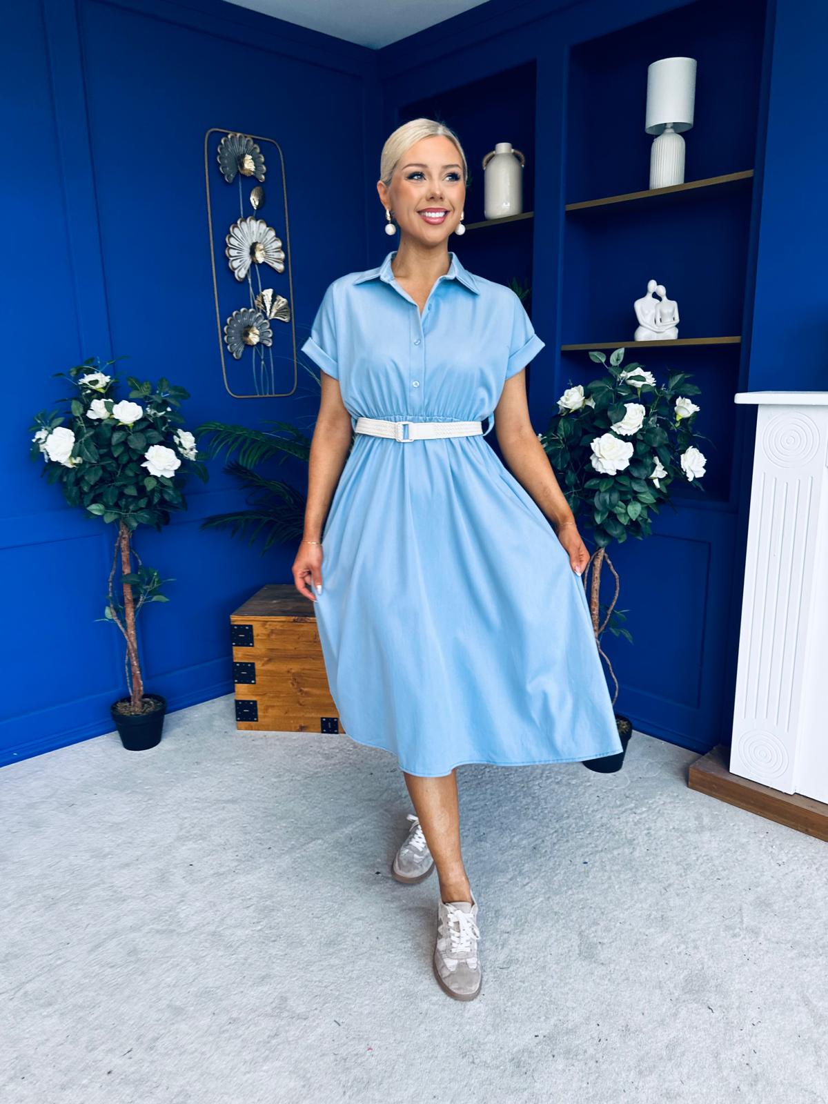 Nina Belted Midi Dress Light Blue