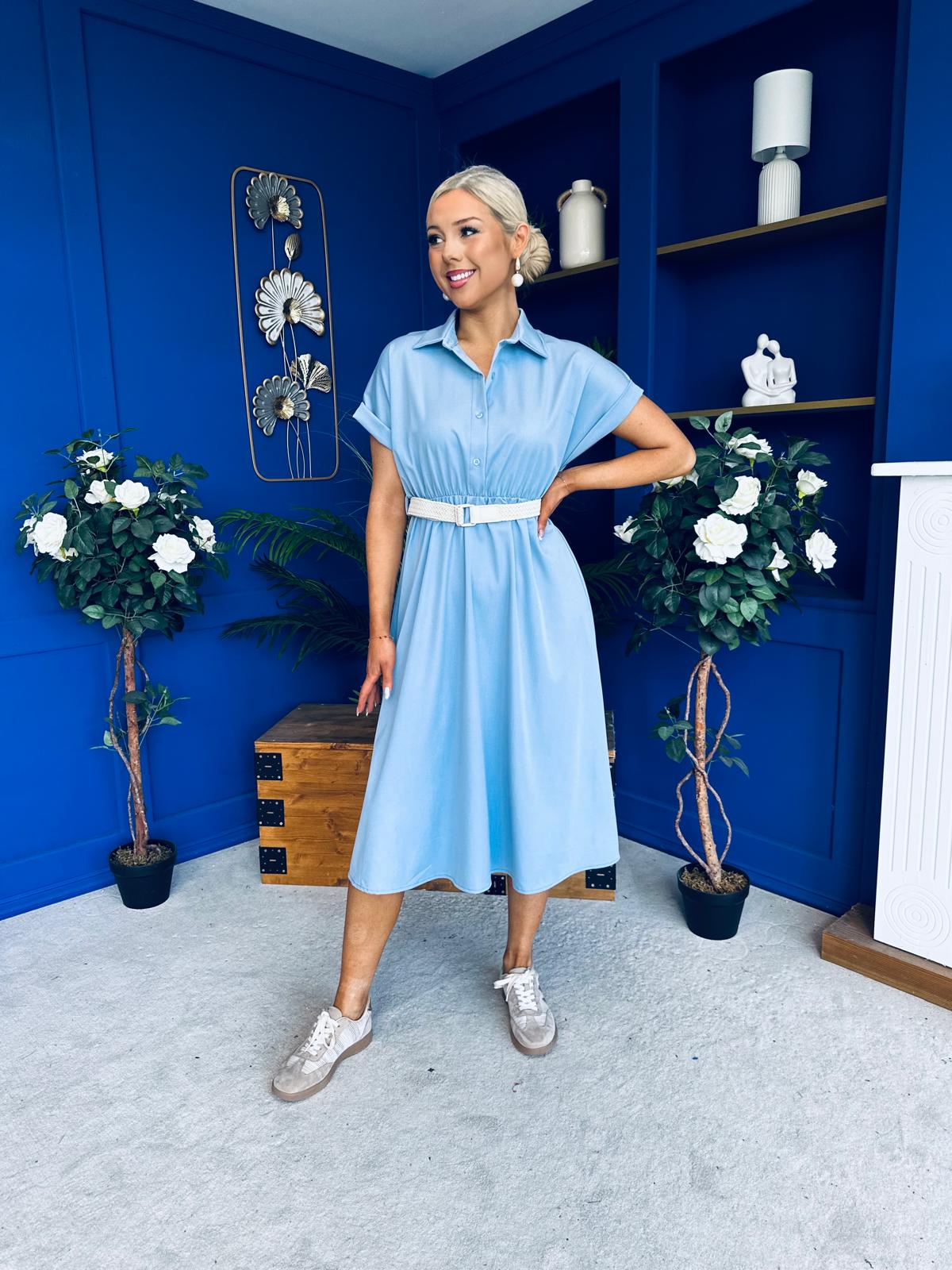 Nina Belted Midi Dress Light Blue