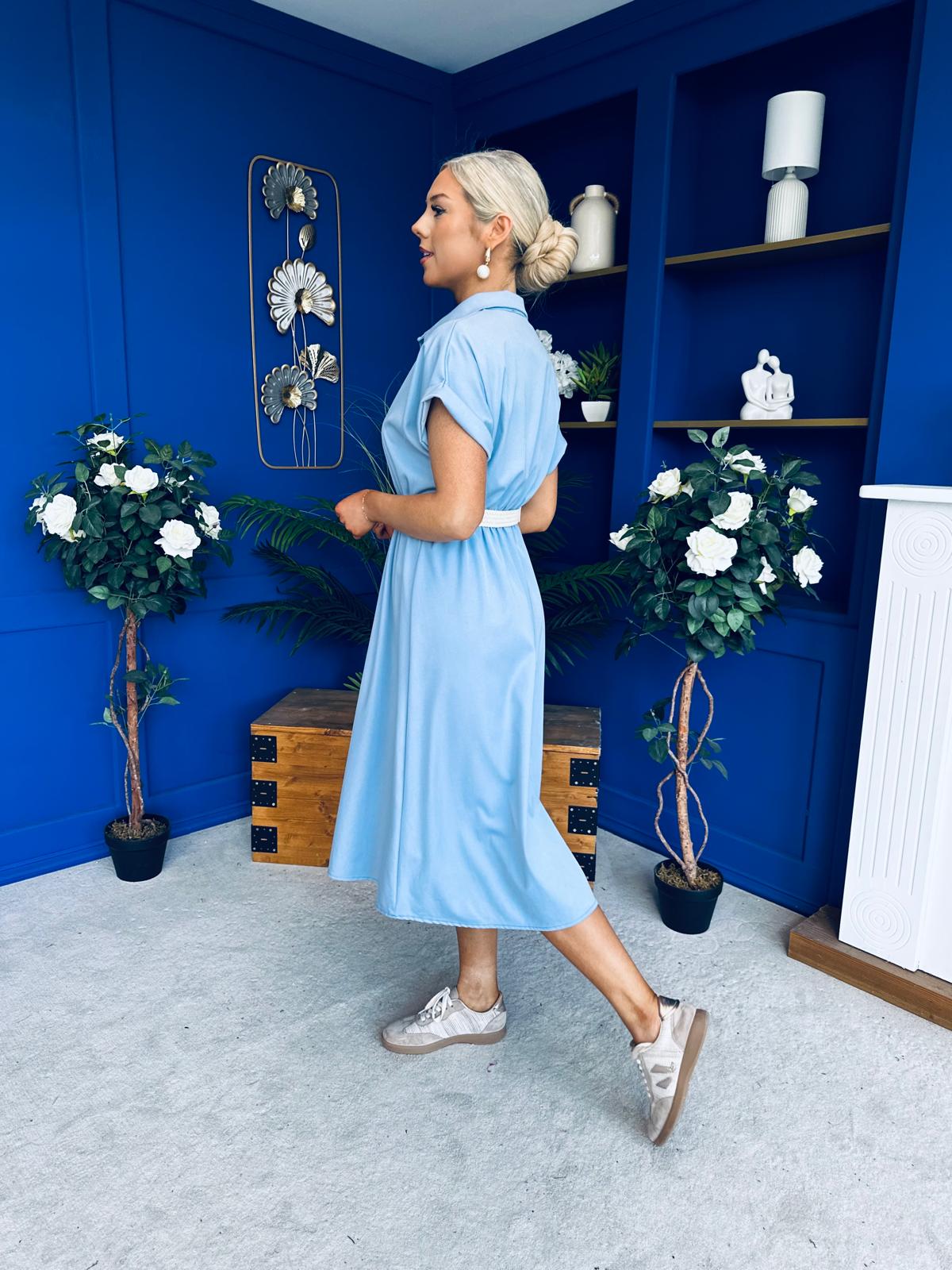 Nina Belted Midi Dress Light Blue
