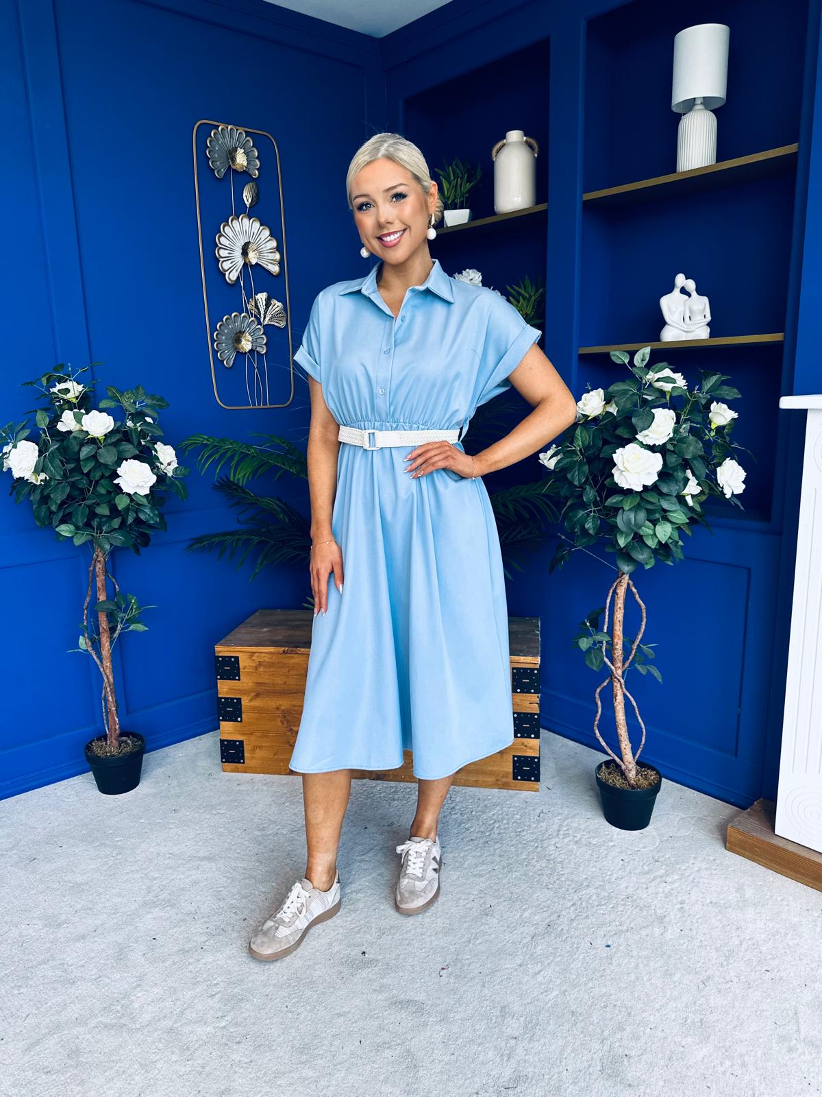 Nina Belted Midi Dress Light Blue