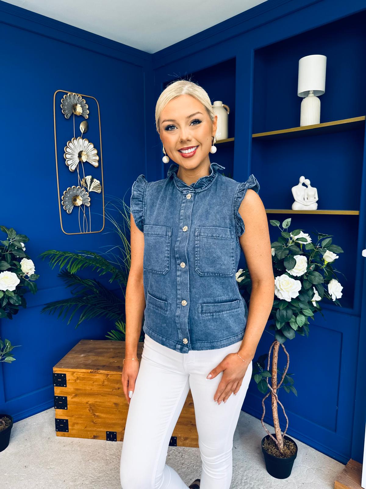 Denise Gold Button Down Denim Top Marine Blue