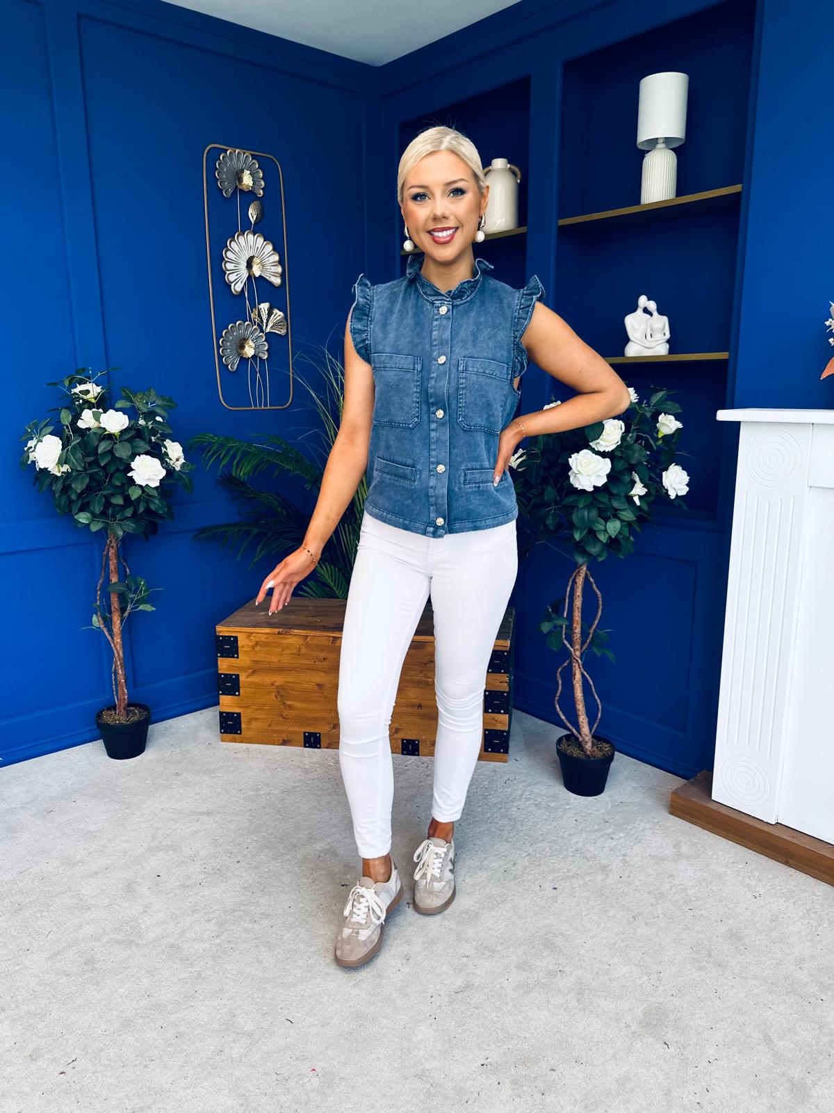 Denise Gold Button Down Denim Top Marine Blue