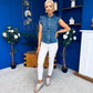 Denise Gold Button Down Denim Top Marine Blue
