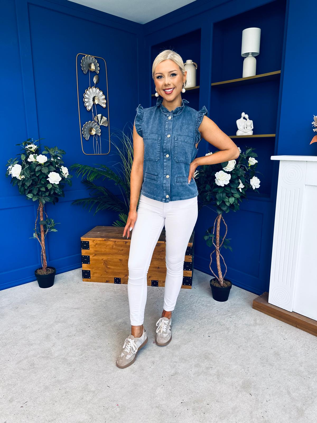 Denise Gold Button Down Denim Top Marine Blue