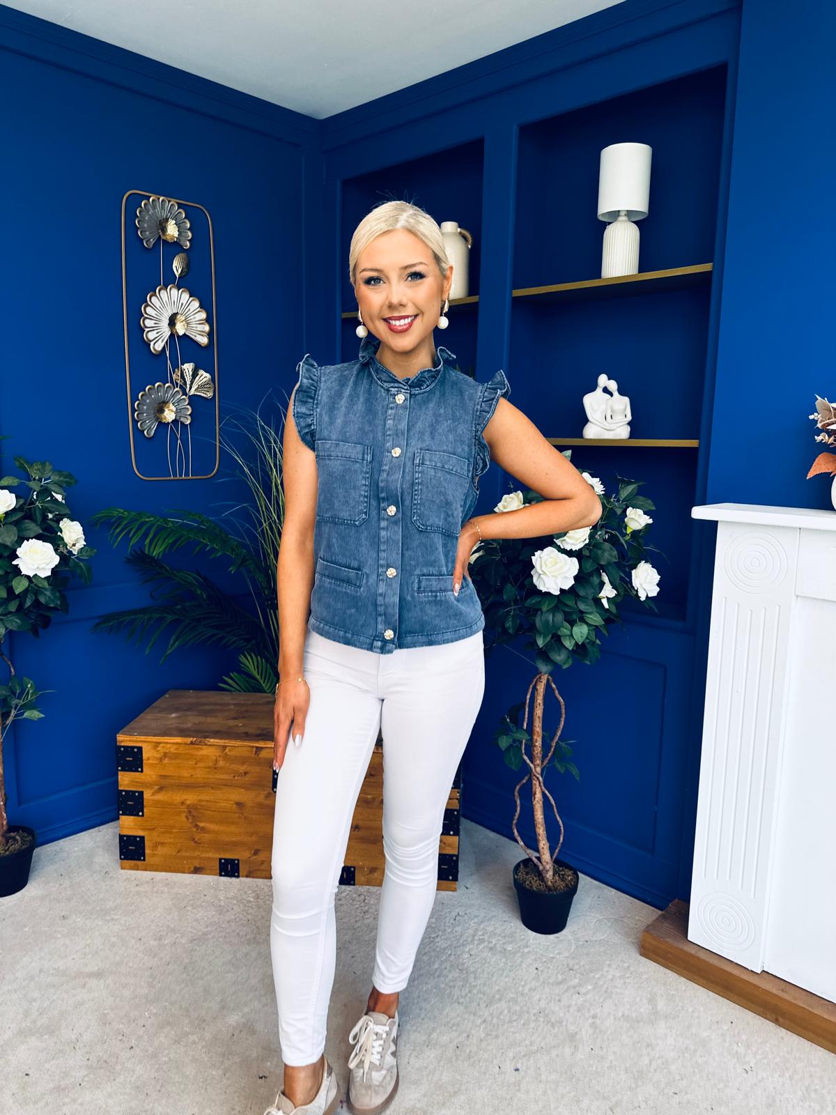 Denise Gold Button Down Denim Top Marine Blue