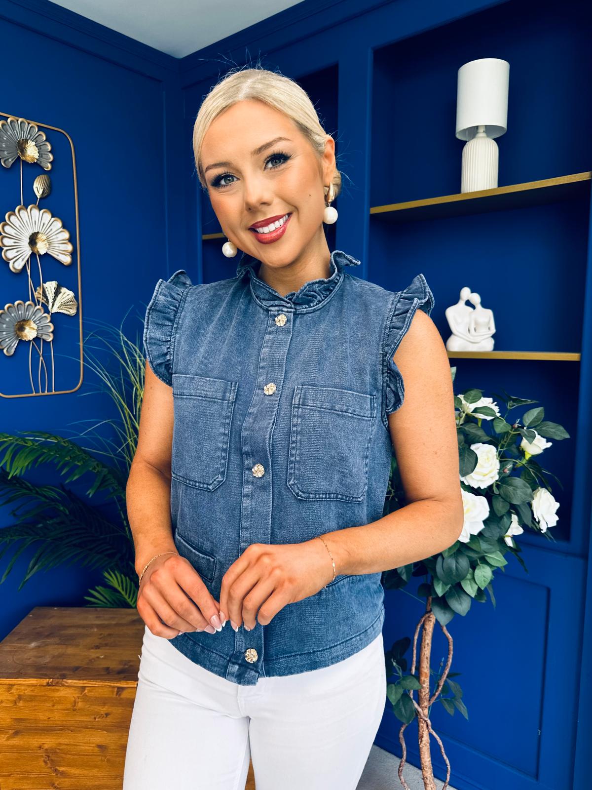 Denise Gold Button Down Denim Top Marine Blue