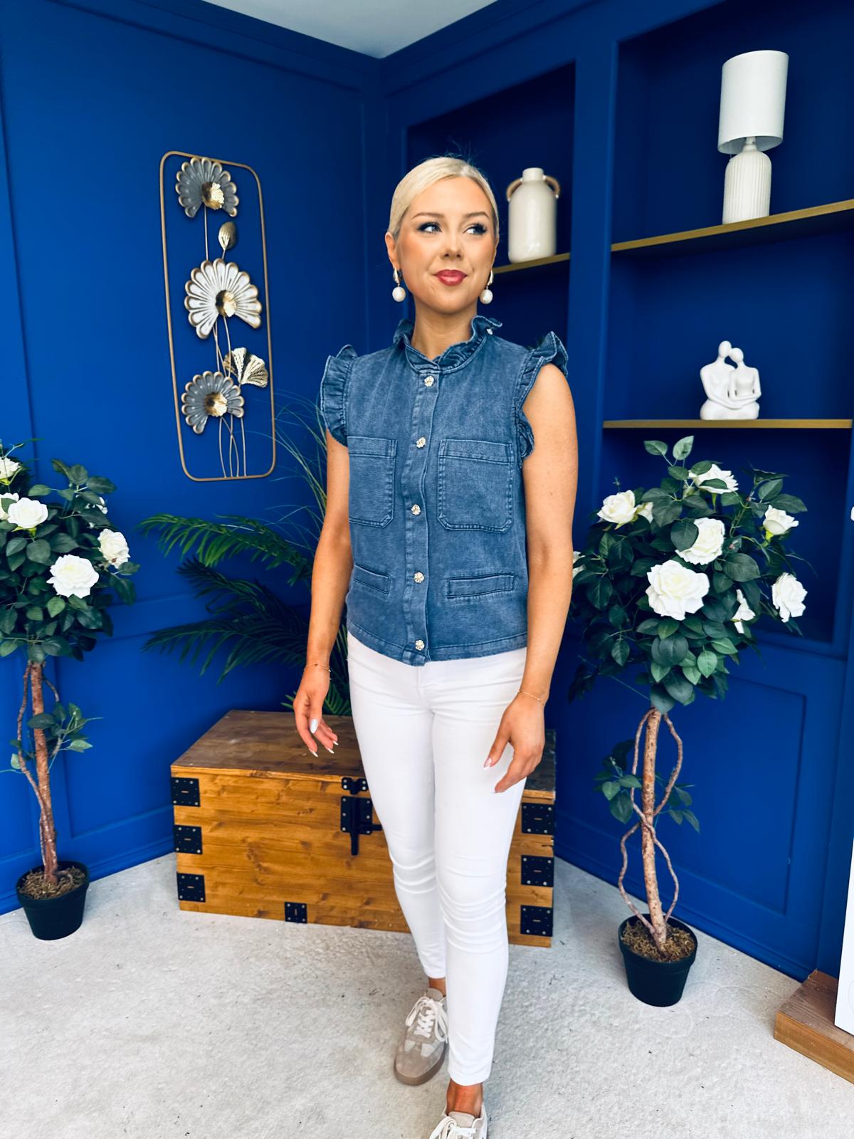 Denise Gold Button Down Denim Top Marine Blue