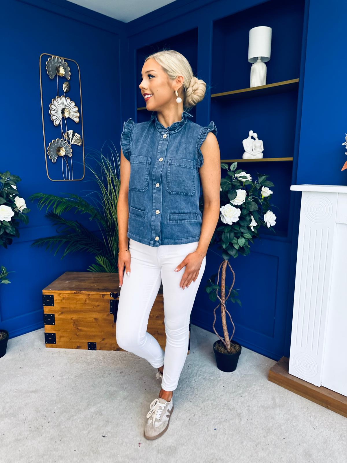 Denise Gold Button Down Denim Top Marine Blue