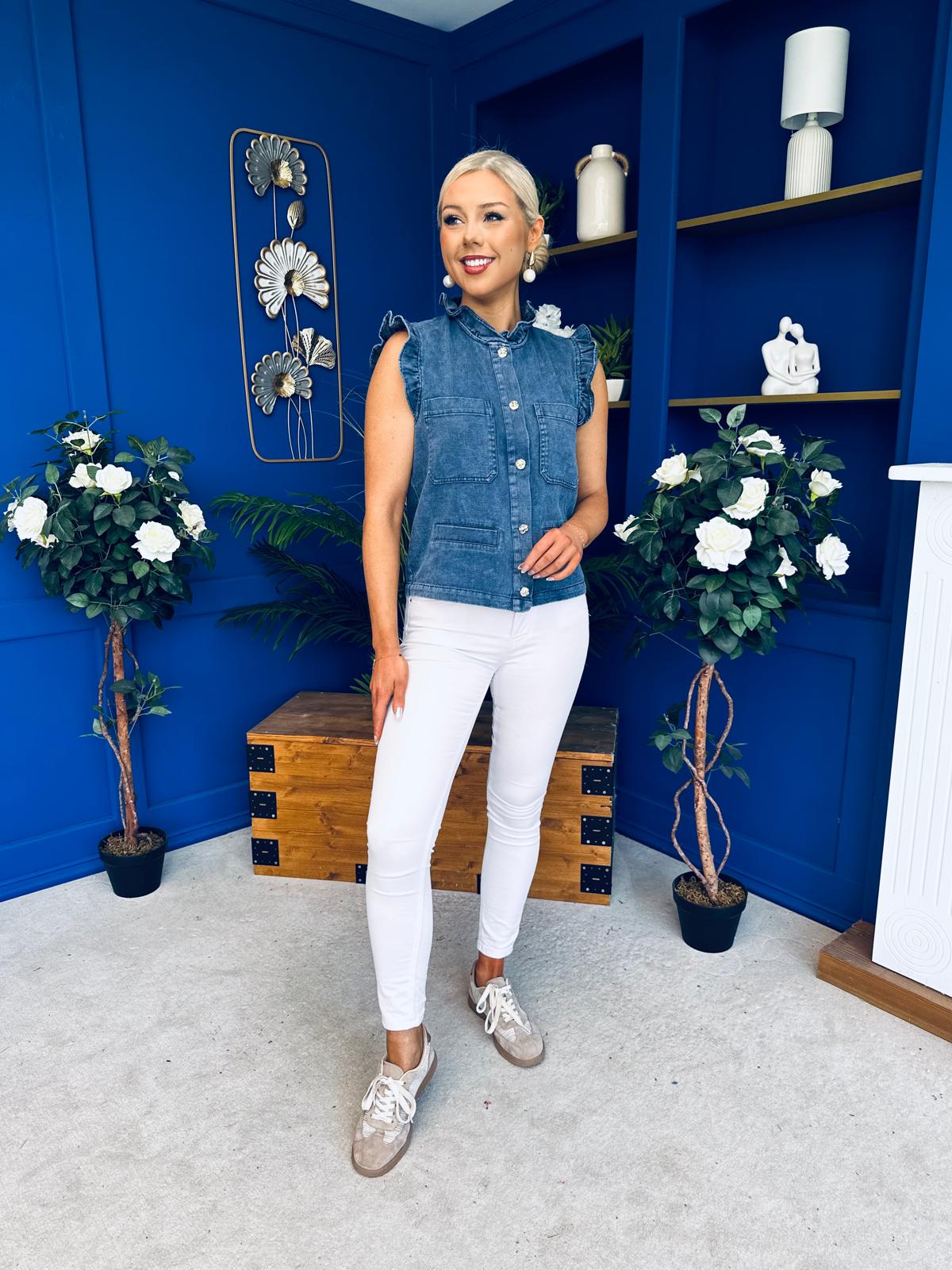 Denise Gold Button Down Denim Top Marine Blue