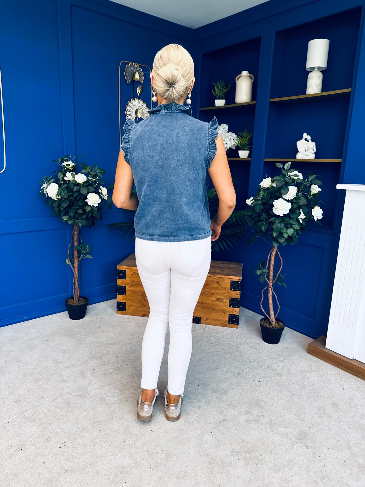 Denise Gold Button Down Denim Top Marine Blue