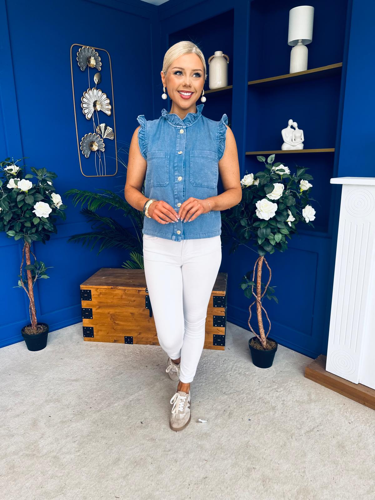 Denise Gold Button Down Denim Top Blue