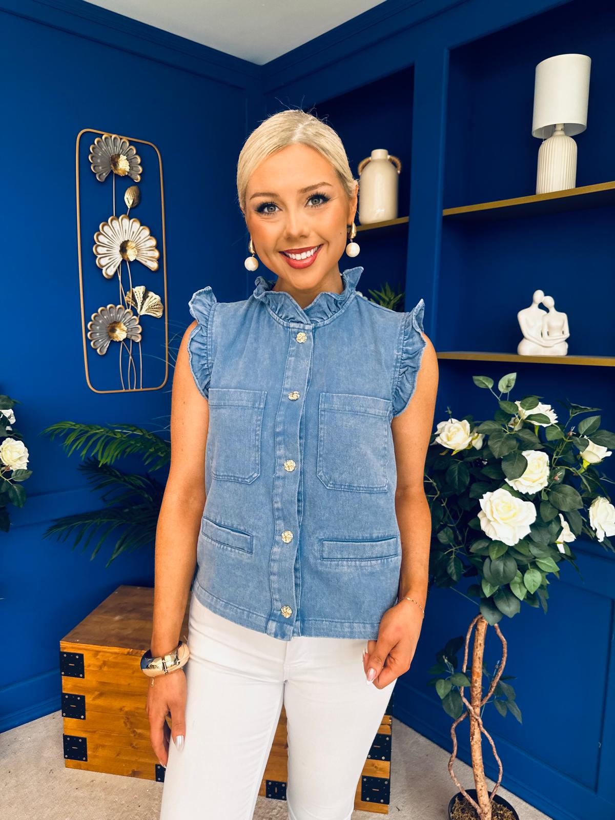Denise Gold Button Down Denim Top Blue