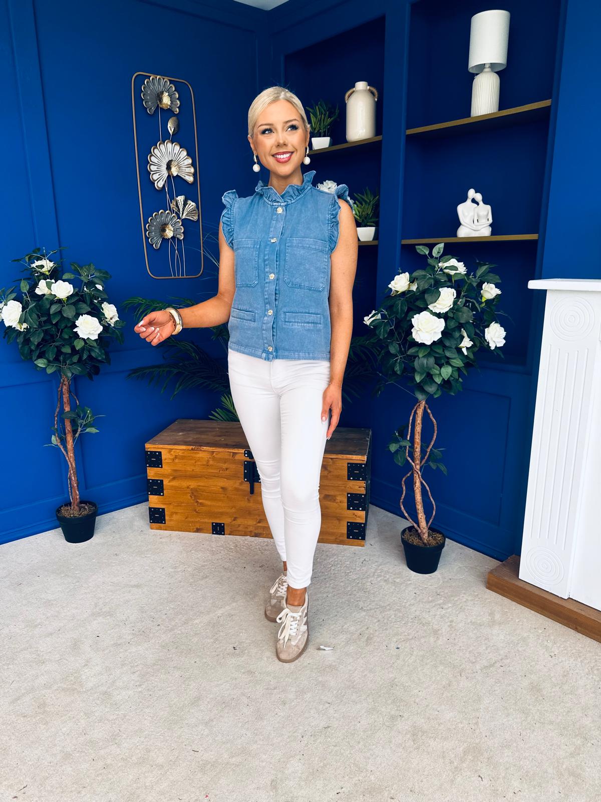 Denise Gold Button Down Denim Top Blue