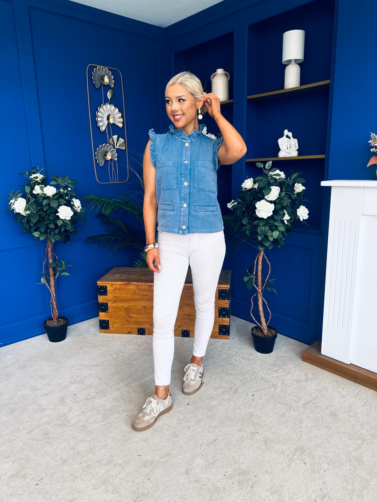 Denise Gold Button Down Denim Top Blue