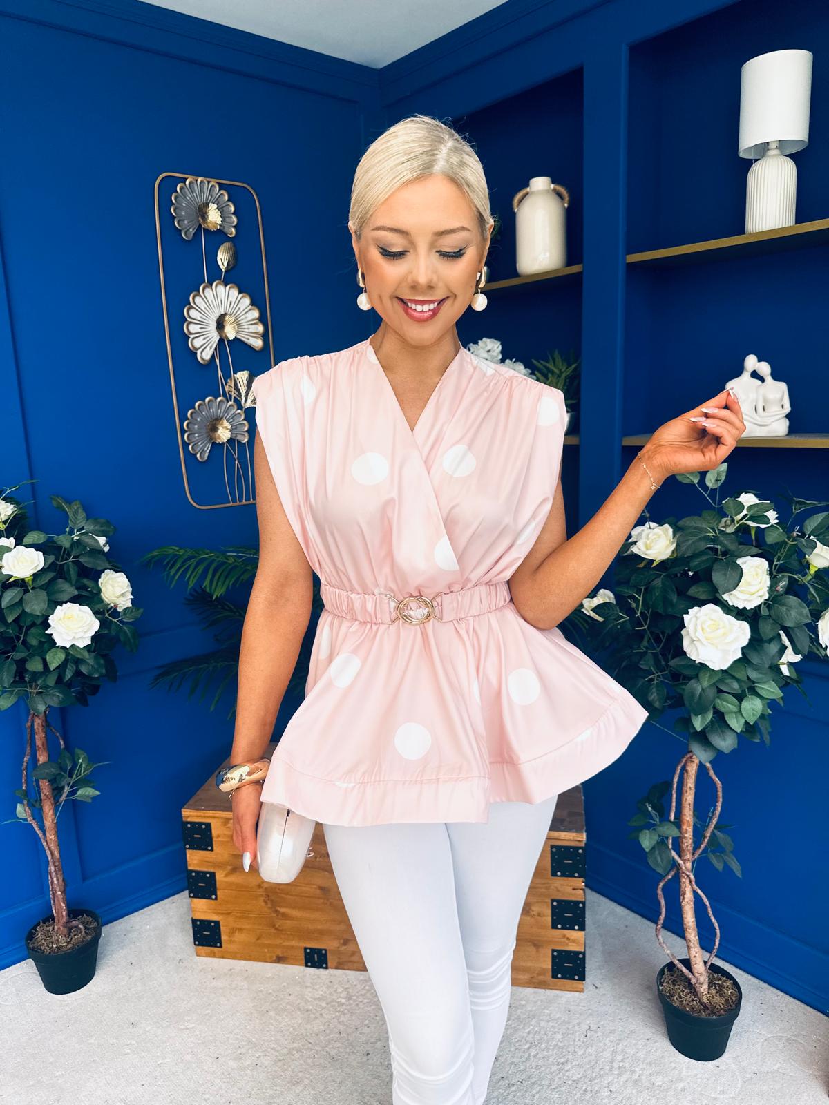 Romana Belted Sleeveless Top Polka Pink