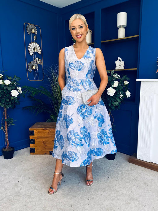 Vivienne Jacquard Occasion Midi Dress Blue