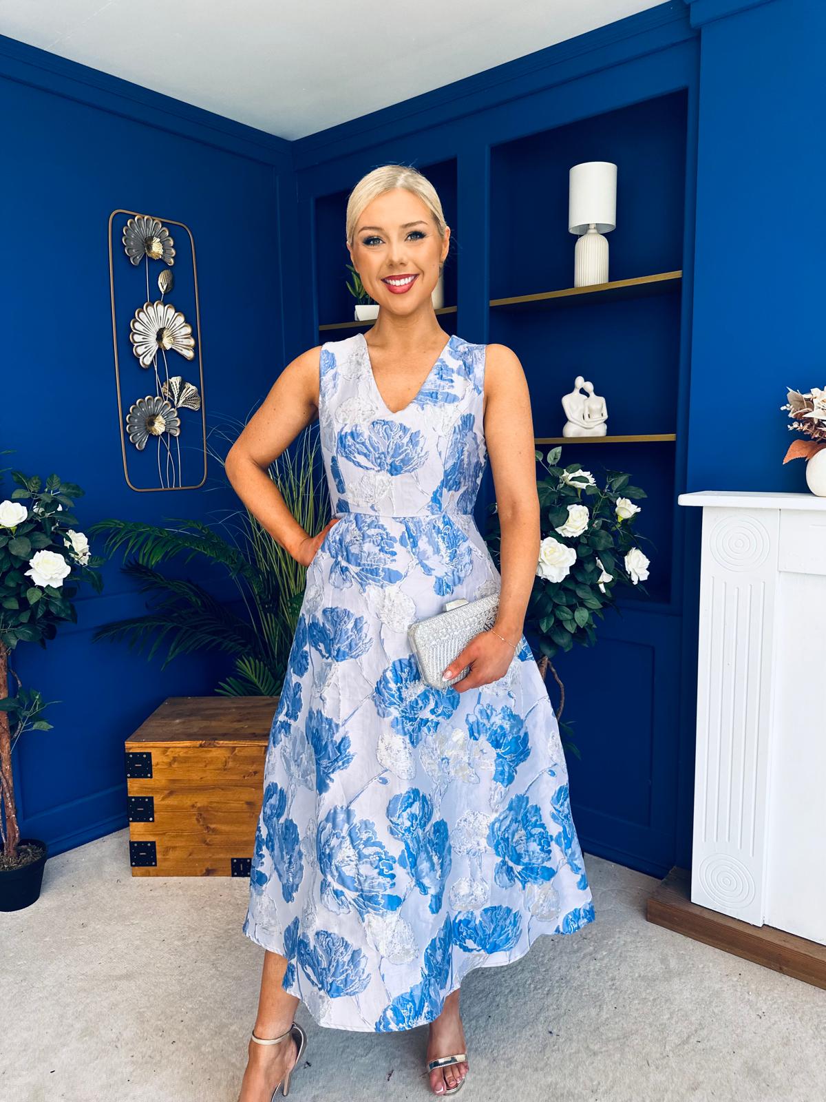 Vivienne Jacquard Occasion Midi Dress Blue