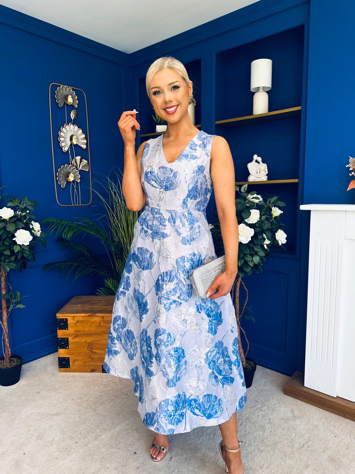 Vivienne Jacquard Occasion Midi Dress Blue