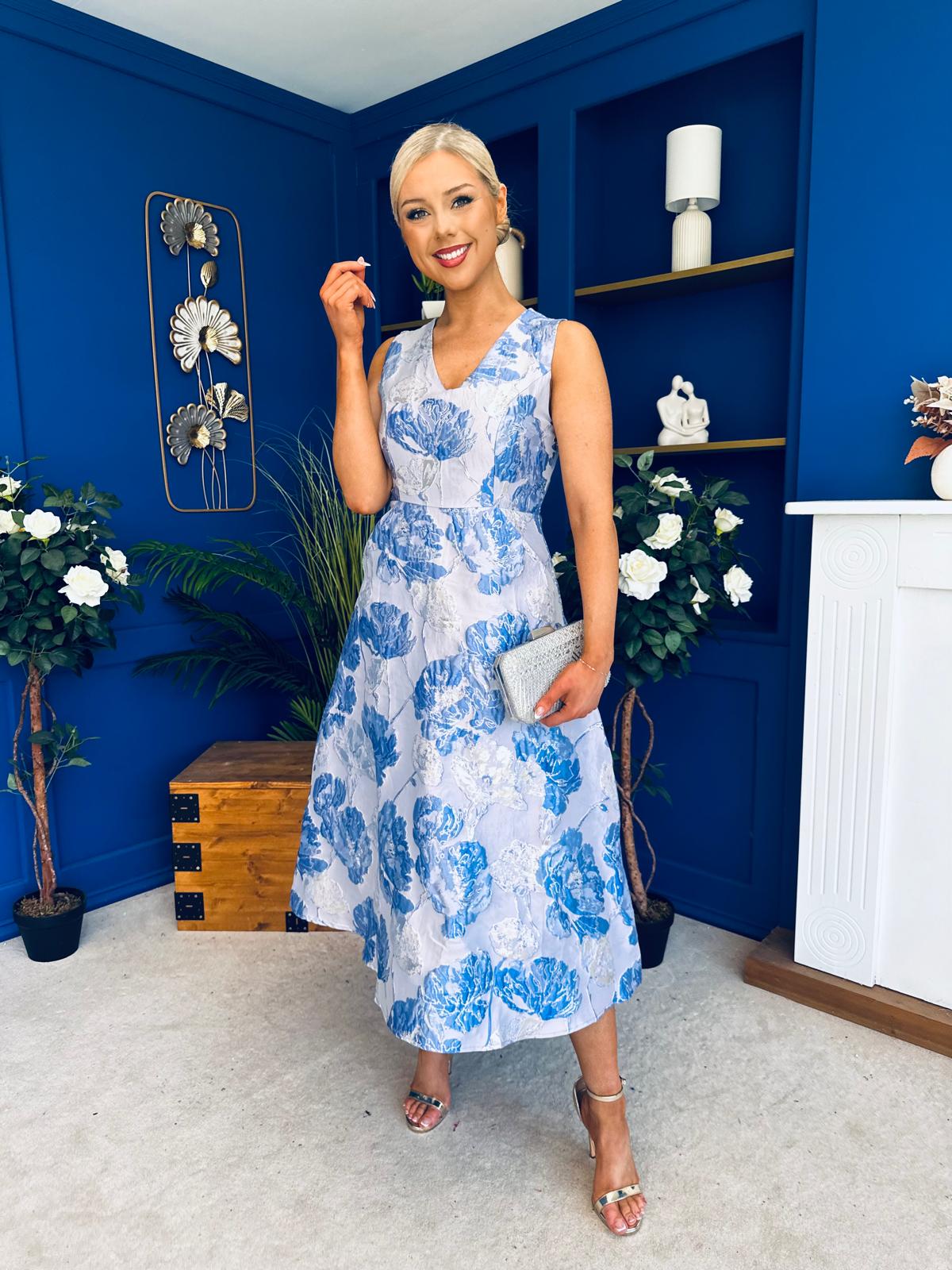 Vivienne Jacquard Occasion Midi Dress Blue