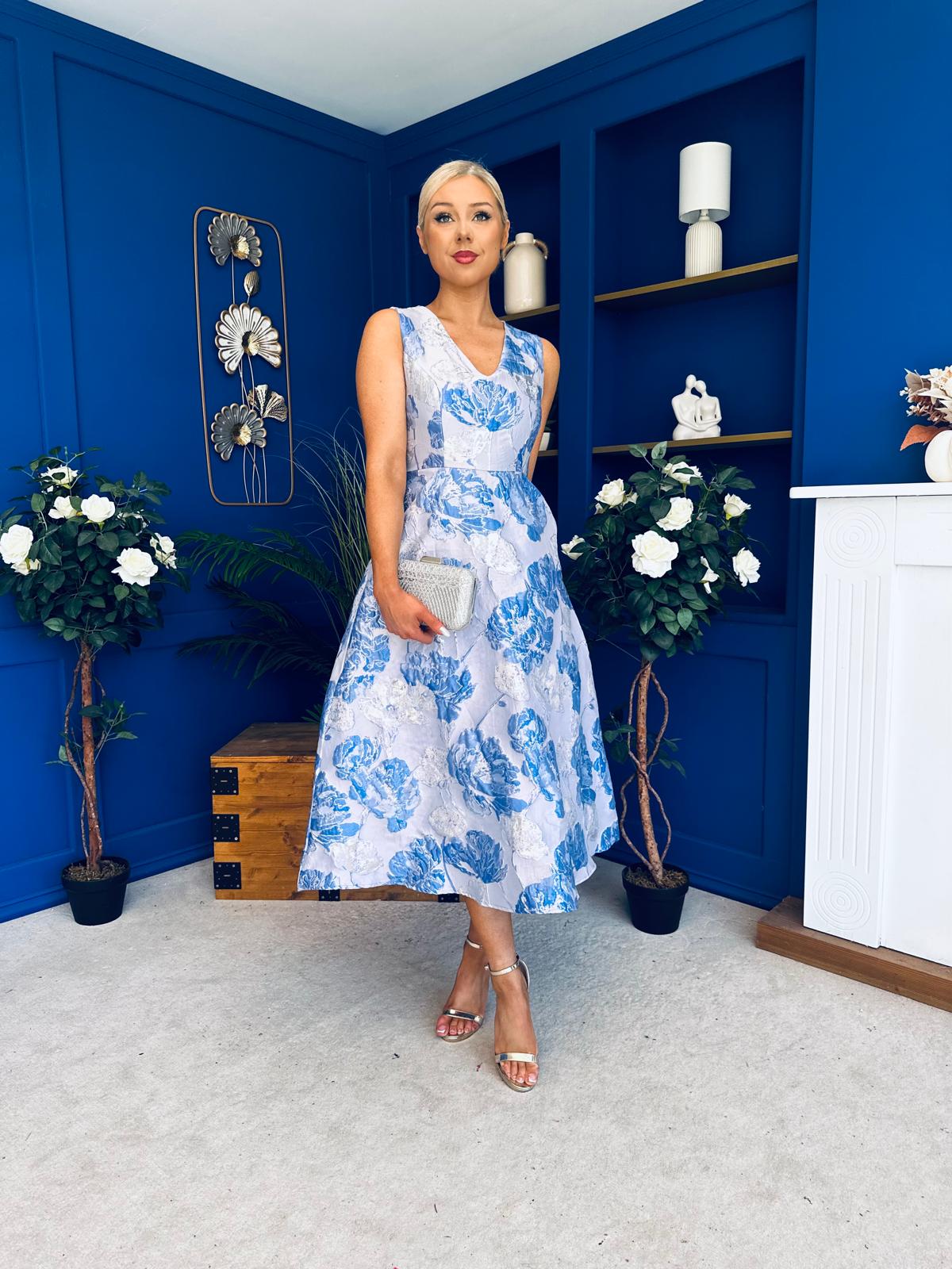 Vivienne Jacquard Occasion Midi Dress Blue