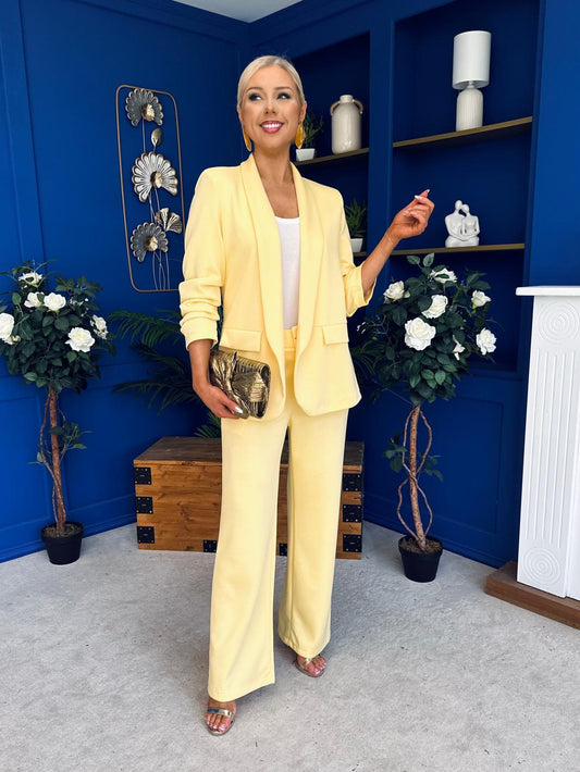 Danika Ruched Blazer & Belted Trouser Set Yellow